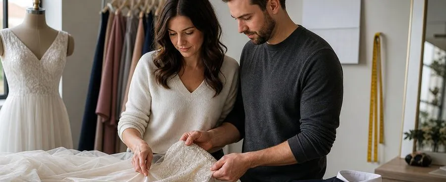 Couple comparing a wedding gown, fabric swatches, tuxedo, measuring tape, and calendar at a tailoring table.
