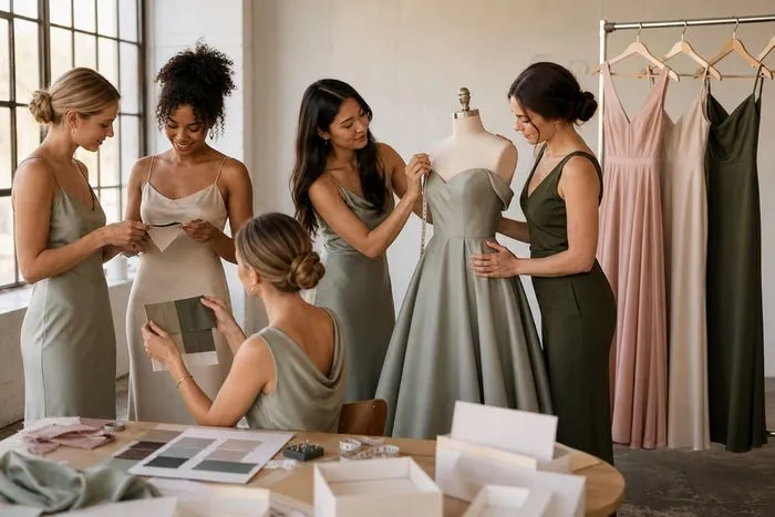 Wedding party comparing dress swatches and taking measurements for coordinated attire.