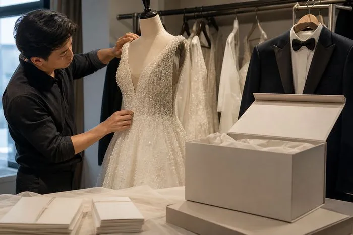 Tailor altering a beaded wedding gown beside tuxedo rental packaging and receipts.