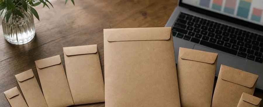 Budgeting envelopes of different sizes fanned across a table, one much larger, with a bar-chart screen visible at the edge