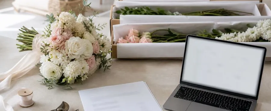 Wedding flower planning table with a bridal bouquet, boxed stems, floral tools, and an itemized quote.