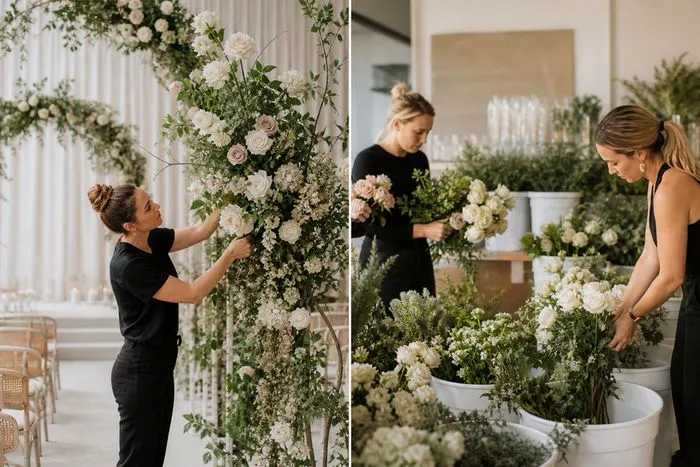 Florist installation beside helpers conditioning boxed wedding flower stems.