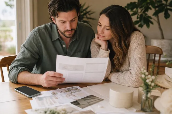 Couple reviewing an itemized wedding flower quote and verifying a florist.