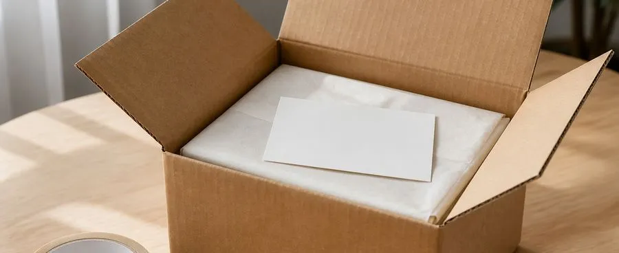 An open shipping box with acid-free tissue paper and an instruction card, prepared for mailing a wedding dress for preservation.