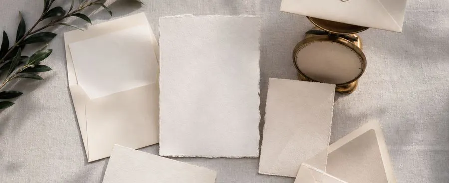 Overhead view of a five-piece wedding invitation suite laid on linen beside a ribbon, wax seal stamp, and small postal scale holding an assembled envelope.