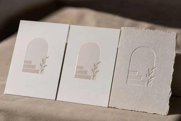 Three blank wedding invitation cards compared side by side showing flat digital printing, a metallic foil accent, and deep letterpress impression on thick cotton stock.