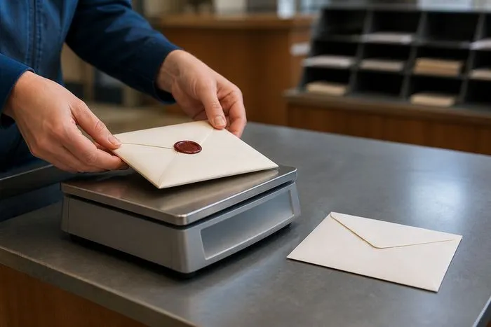 Hands placing a square wax-sealed wedding envelope on a post office counter scale, with a standard rectangular envelope beside it for comparison.