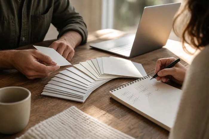 Desk scene with a fanned set of paper thickness swatches, a notepad of tally marks, and a partly turned laptop, showing invitation samples being reviewed before ordering.