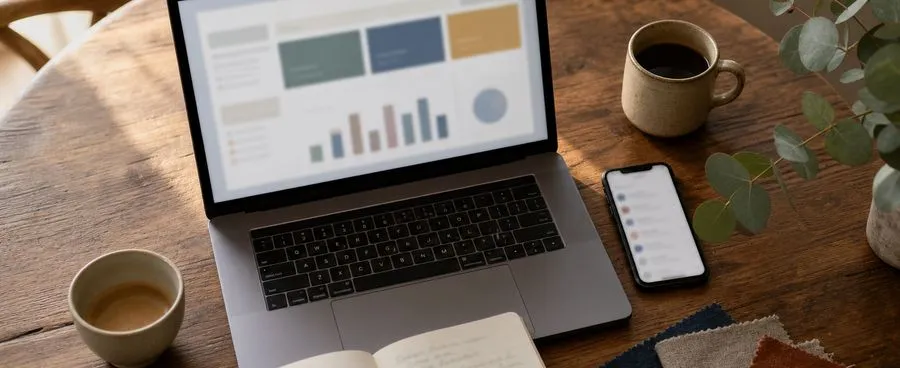 A laptop and phone showing planning dashboards on a wooden table beside a notebook, coffee cups and fabric swatches.