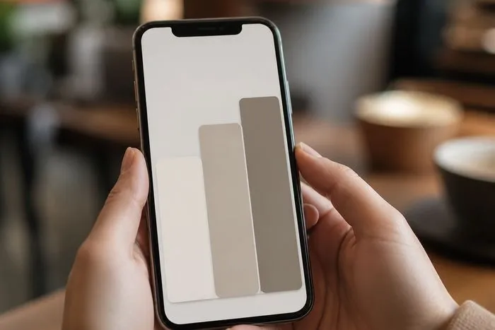 Hands holding a phone that shows three stacked pricing tiers of increasing height.