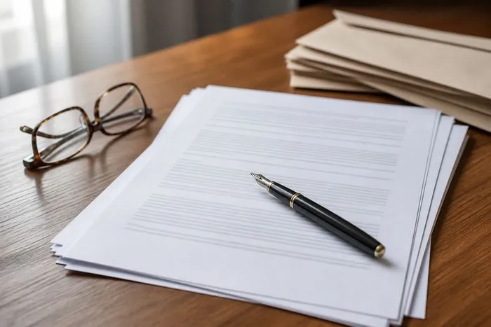 A multi-page printed contract on a desk with a fountain pen laid across it and reading glasses to one side.