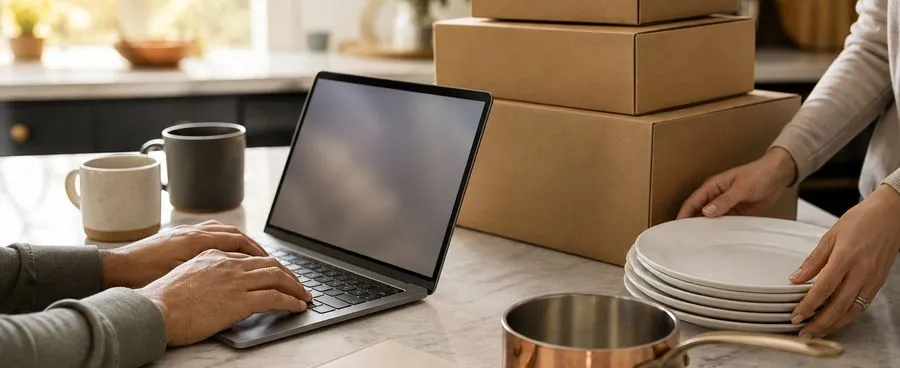 A couple's hands at a kitchen counter with an open laptop, shipping boxes and stacked dinner plates while building a wedding registry.