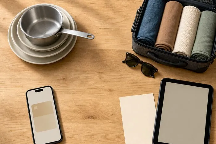 Overhead view of four separate groups of objects on a wood table representing store goods, travel, digital payments and a wedding website.