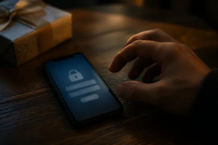 A hand hovering over a phone showing a blurred sign-in screen with a padlock icon, beside a wrapped gift in low light.