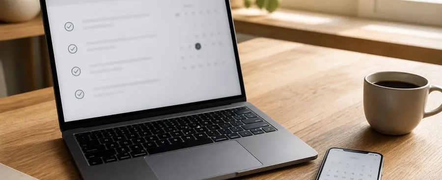 A laptop and phone both open to dated checklist views on a plain desk