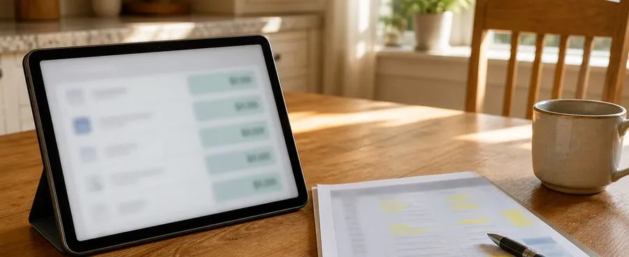 A tablet showing a blurred vendor-directory listing beside a highlighted printed vendor quote sheet on a sunlit table.