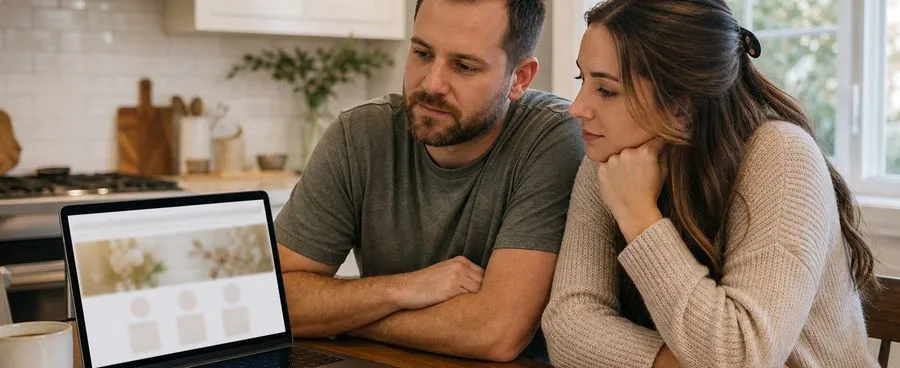 A couple reviewing a printed three-tier pricing sheet next to a laptop showing a half-built wedding website, at their own kitchen table.