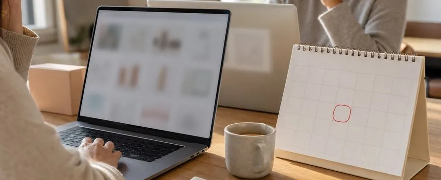 Bridesmaid dress retailer pages open on a laptop next to a calendar with one order-by date circled