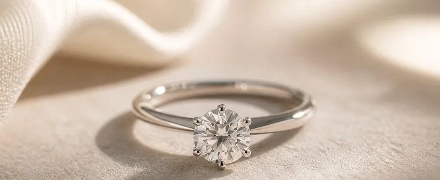 A classic solitaire engagement ring in a traditional prong setting.