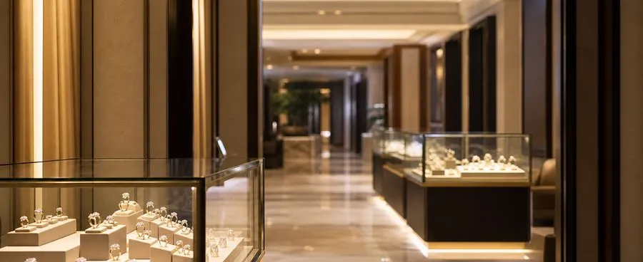 Illuminated jewelry display cases in a quiet mall corridor, representing a national chain jeweler's in-person shopping model.