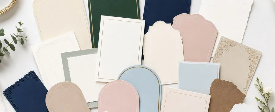 A flat-lay of many different wedding invitation card designs fanned across a white tabletop.