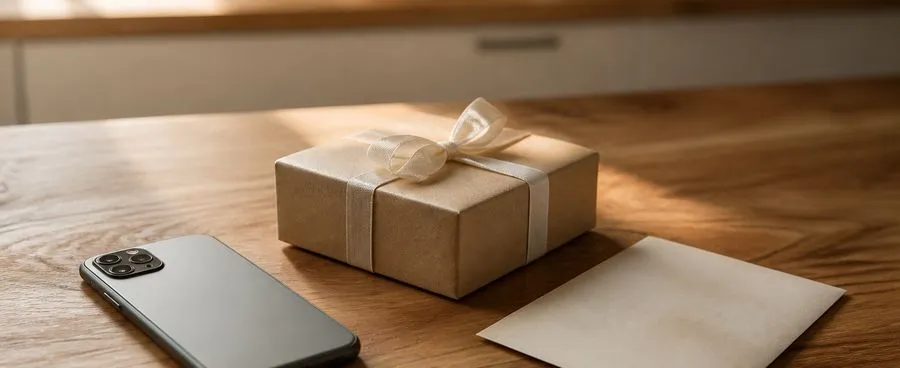 A smartphone lies face-down beside a wrapped gift box and a blank envelope on a wooden counter.