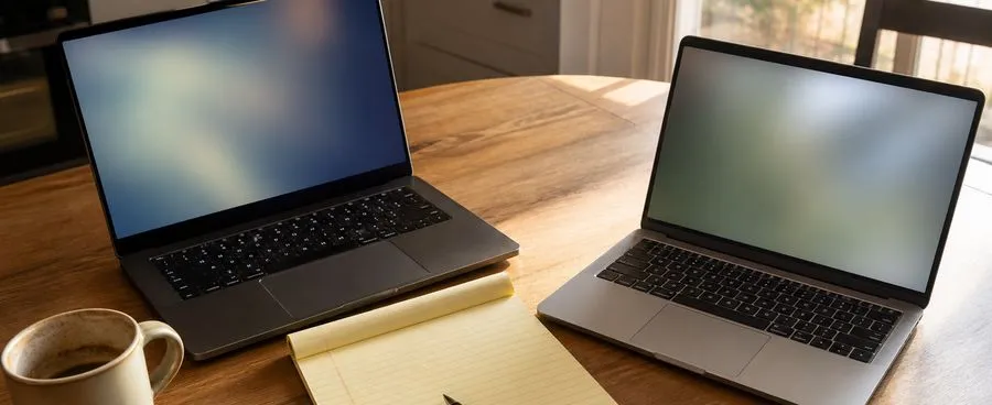 Two laptops open on a kitchen table beside a legal pad with a handwritten column of figures.