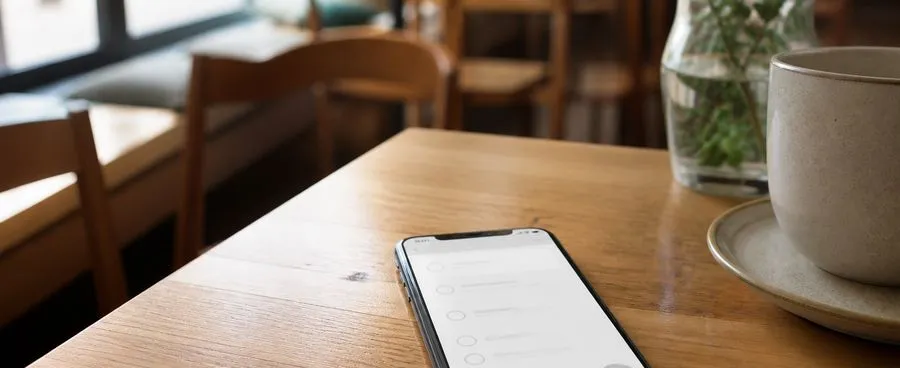 A smartphone on a café table showing a soft, unfocused wedding-planning checklist screen.